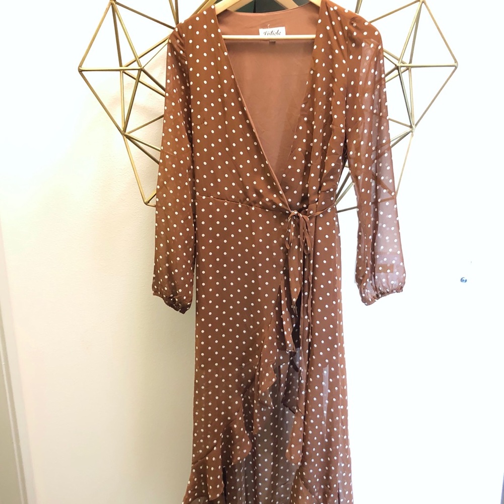 Listicle Brown Polka Dot Ruffle Belted Dress - Picture 4 of 8